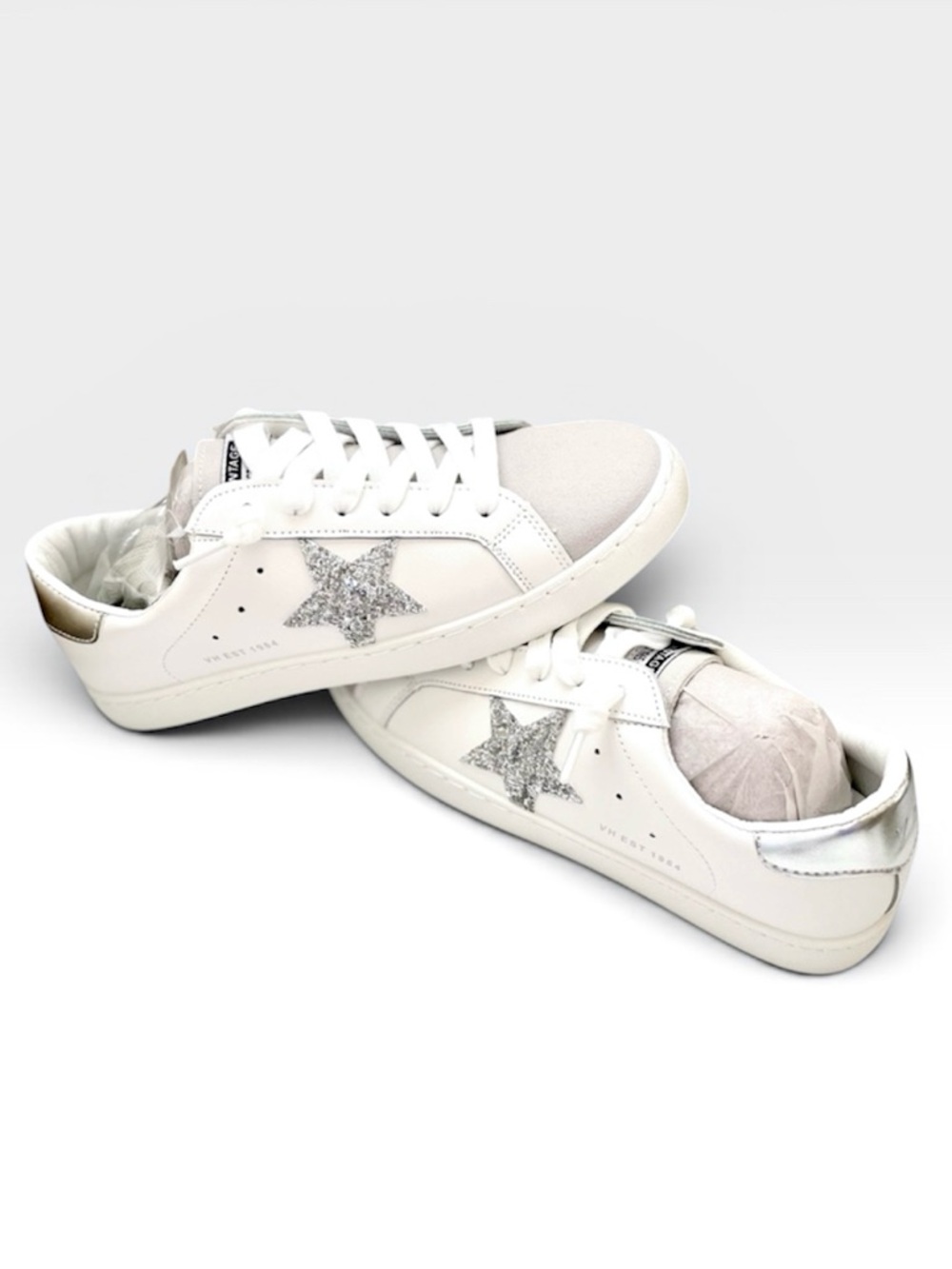 VINTAGE HAVANA Carla Sneaker in White and Silver Foil with Glitter Star Size 9